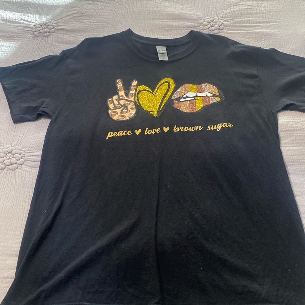 Peace, Love, Brown Sugar-crew neck, short sleeve Gildan tee. Size-unisex large.